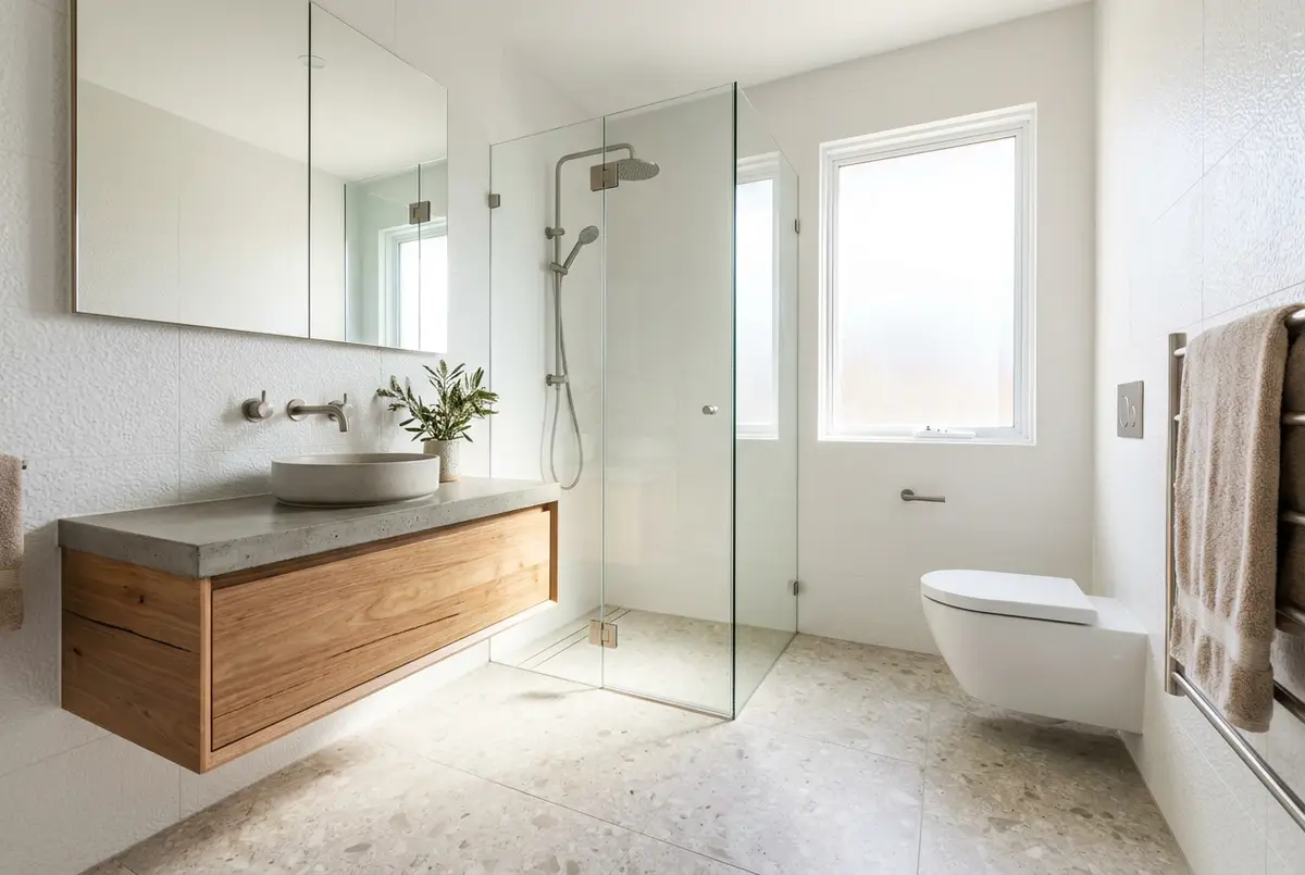 Modern bathroom with floating vanity, wall-hung toilet and frameless shower