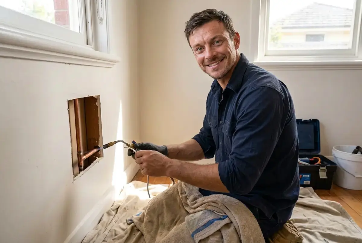 CM Plumbing owner repairing a copper water pipe inside a neatly opened wall cavity