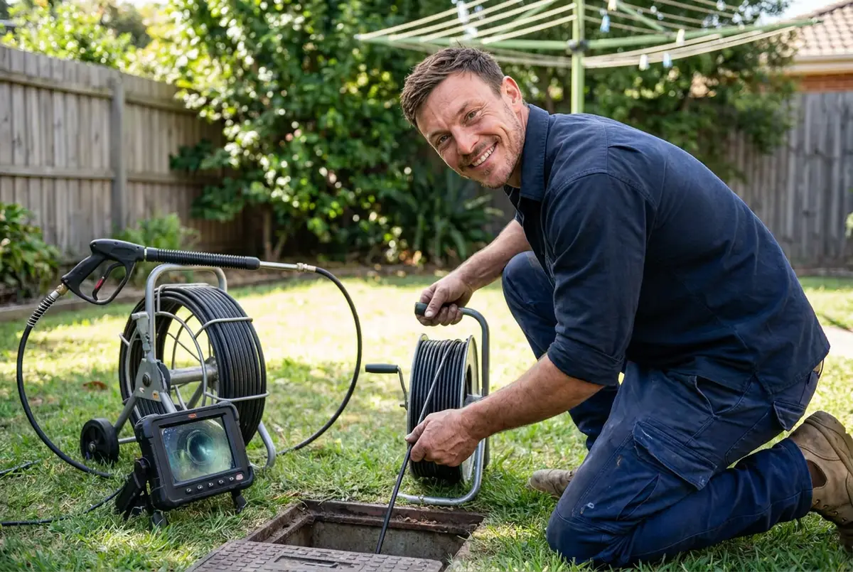 CM Plumbing owner feeding a CCTV drain camera into a backyard drain while watching the monitor