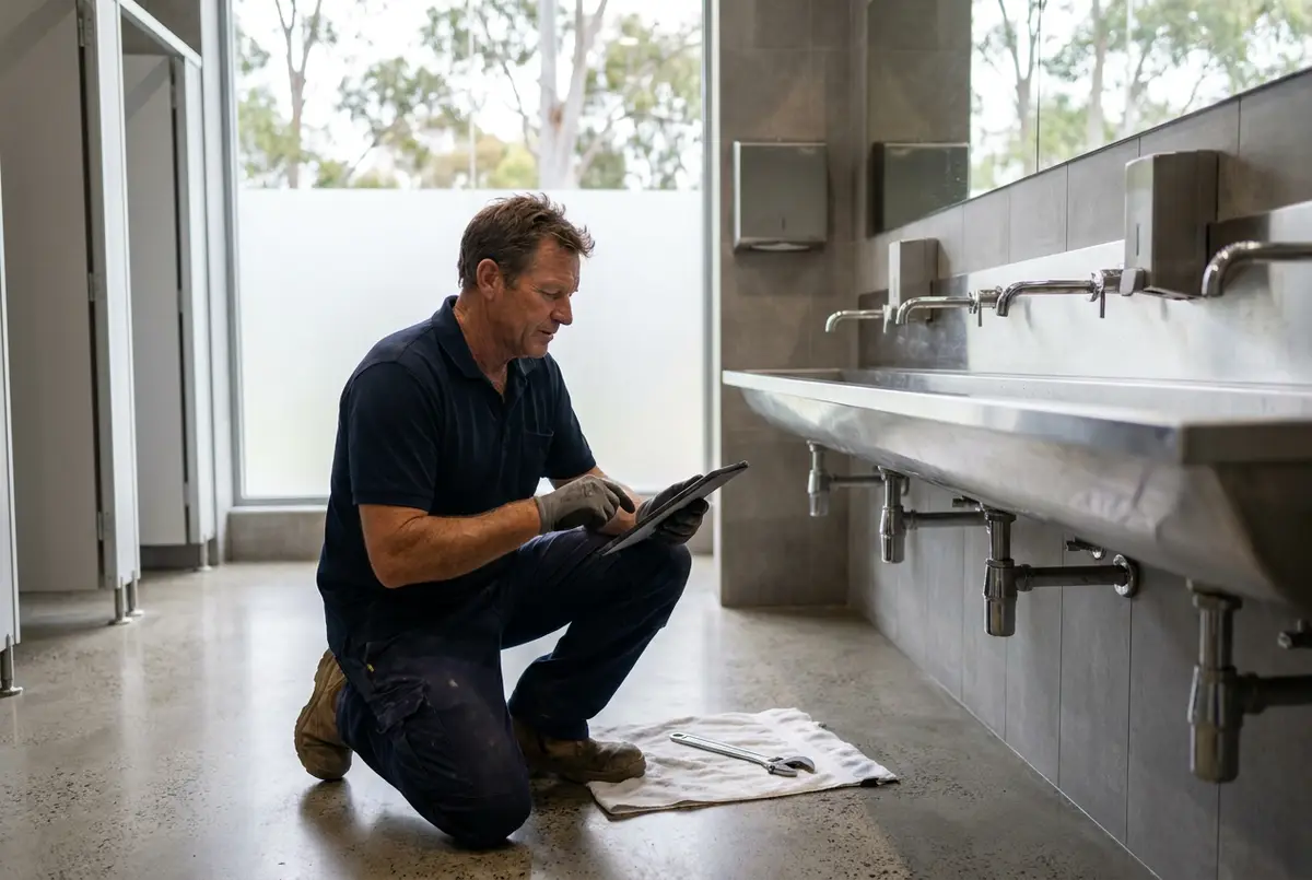 Plumber servicing stainless steel basins in a commercial washroom