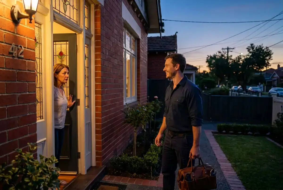 CM Plumbing owner with a tool bag arriving at a Melbourne home at dusk for an after-hours call-out