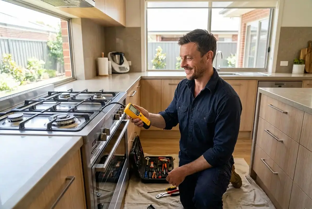 CM Plumbing owner leak-testing a stainless steel gas cooktop