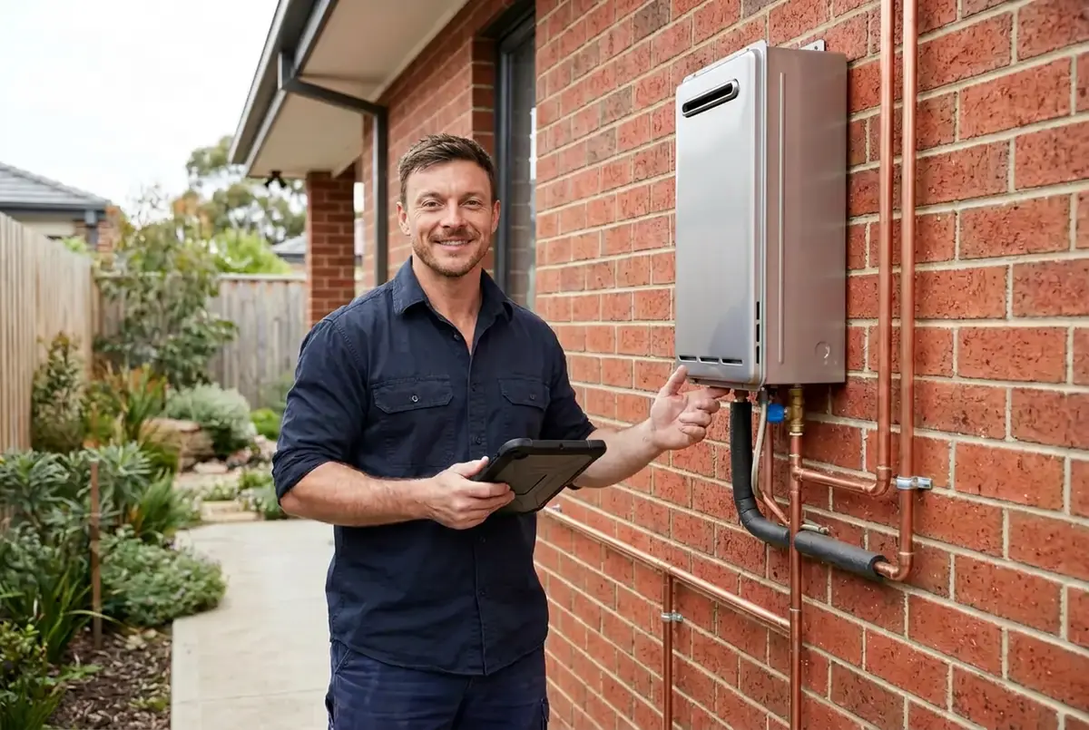 CM Plumbing owner checking a newly installed gas continuous-flow hot water unit on a brick wall