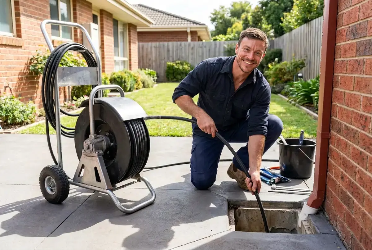 CM Plumbing owner clearing a blocked drain with a high-pressure water jetter at an outdoor gully trap