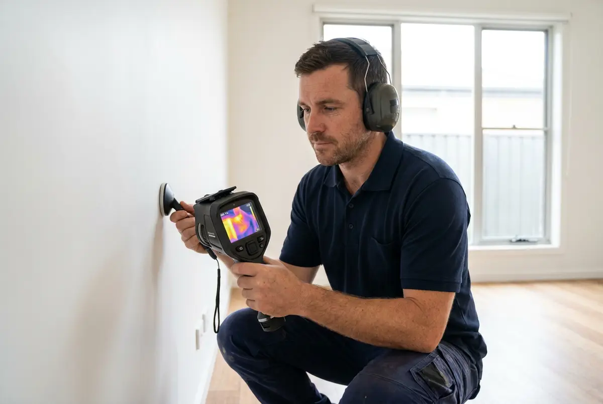 Plumber using thermal imaging and acoustic equipment to find a hidden leak