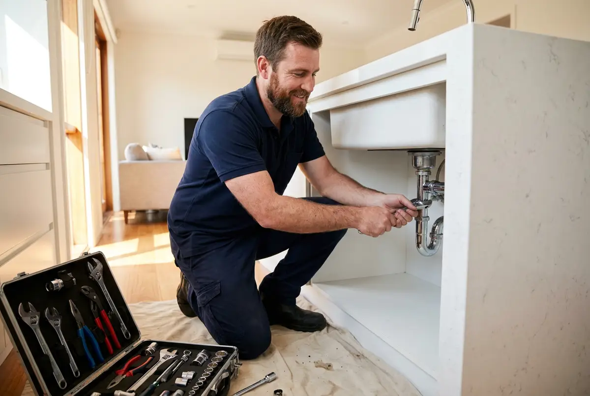 Plumber working neatly under a kitchen sink with a drop sheet protecting the floor
